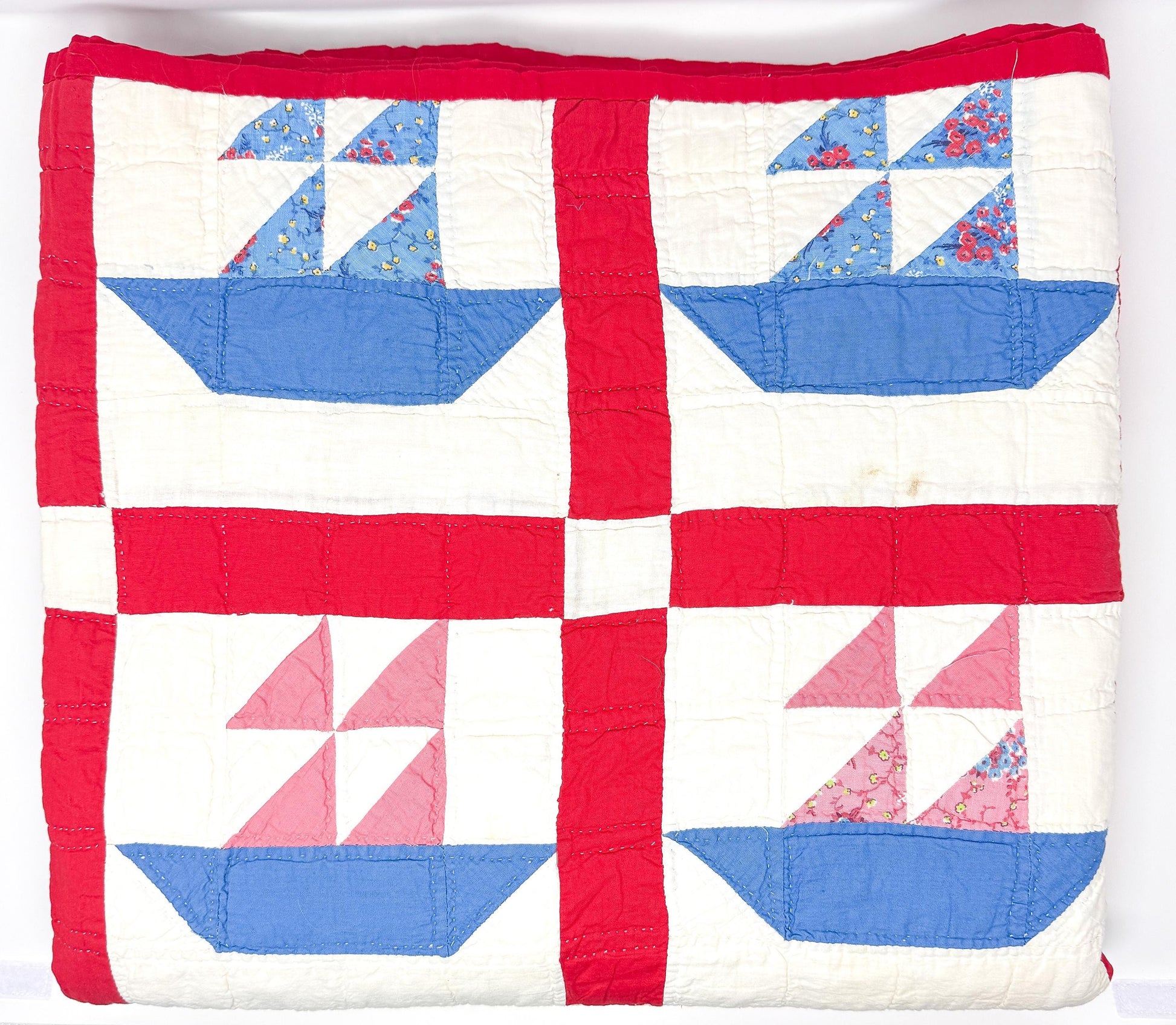 Antique Handmade Sailboat Quilt, Red and Blue, c. 1930