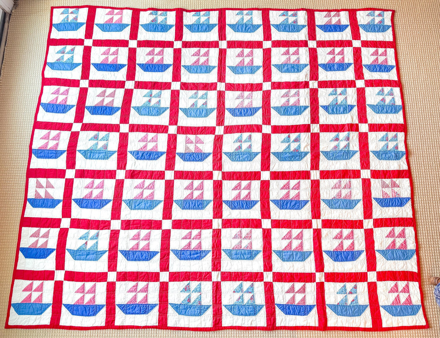 Antique Handmade Sailboat Quilt, Red and Blue, c. 1930