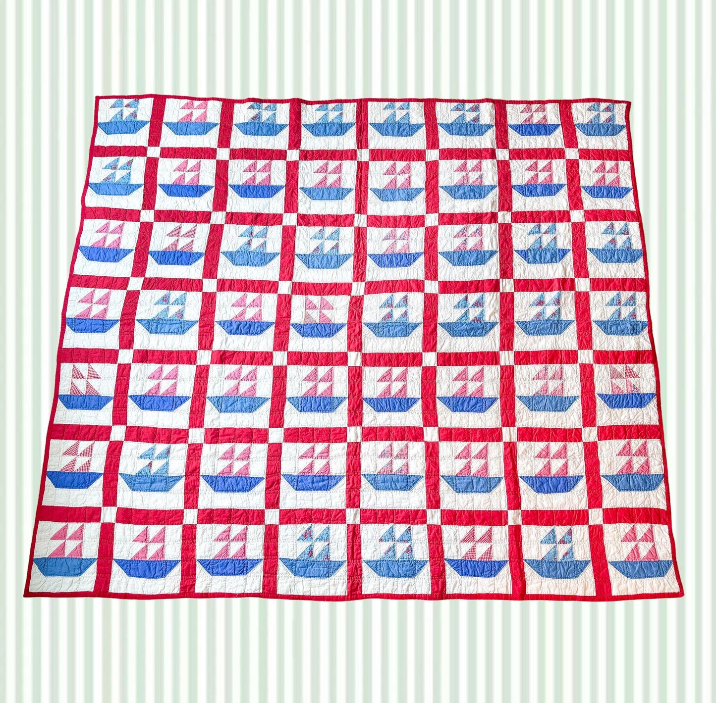 Antique Handmade Sailboat Quilt, Red and Blue, c. 1930