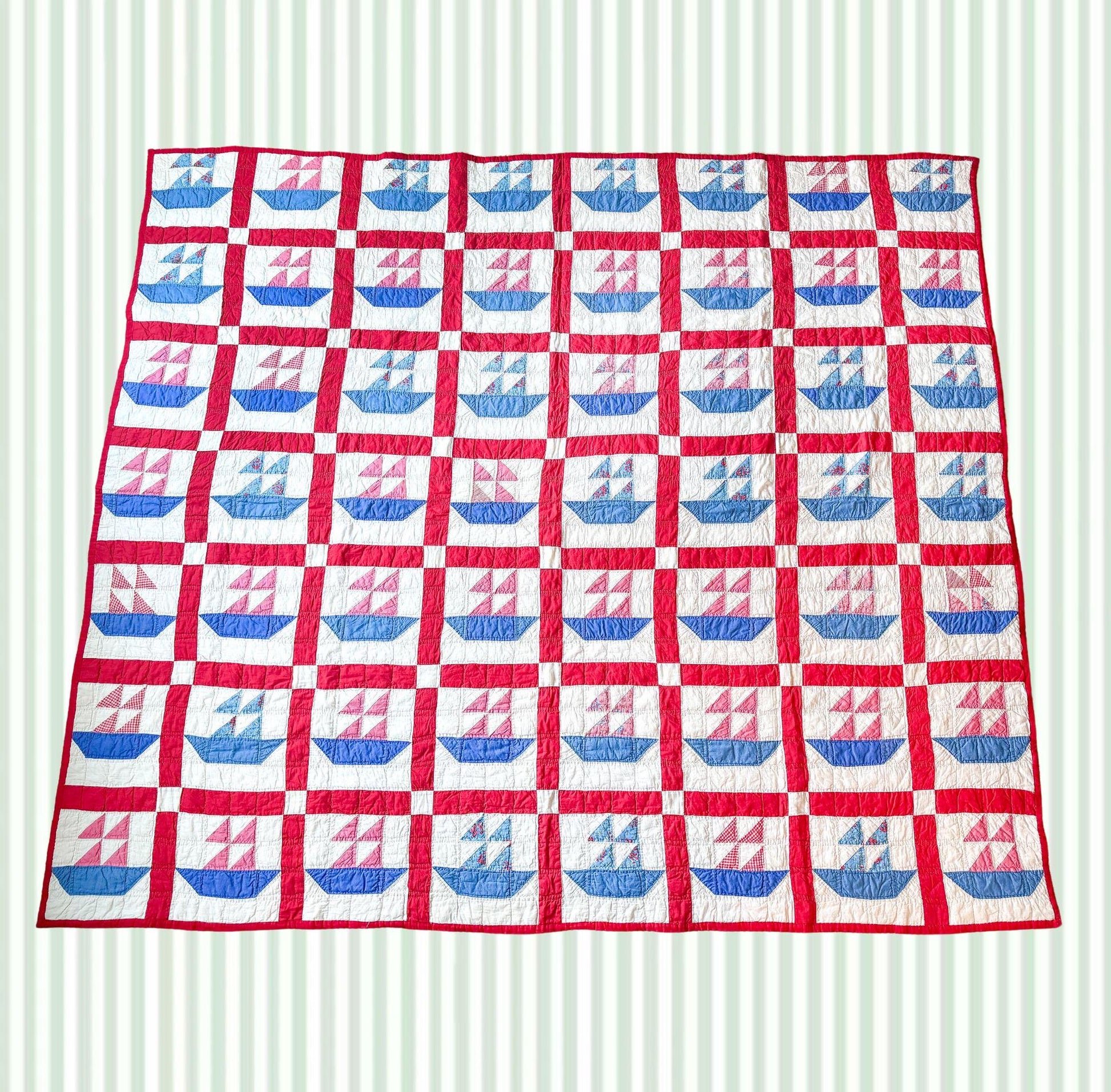 Antique Handmade Sailboat Quilt, Red and Blue, c. 1930