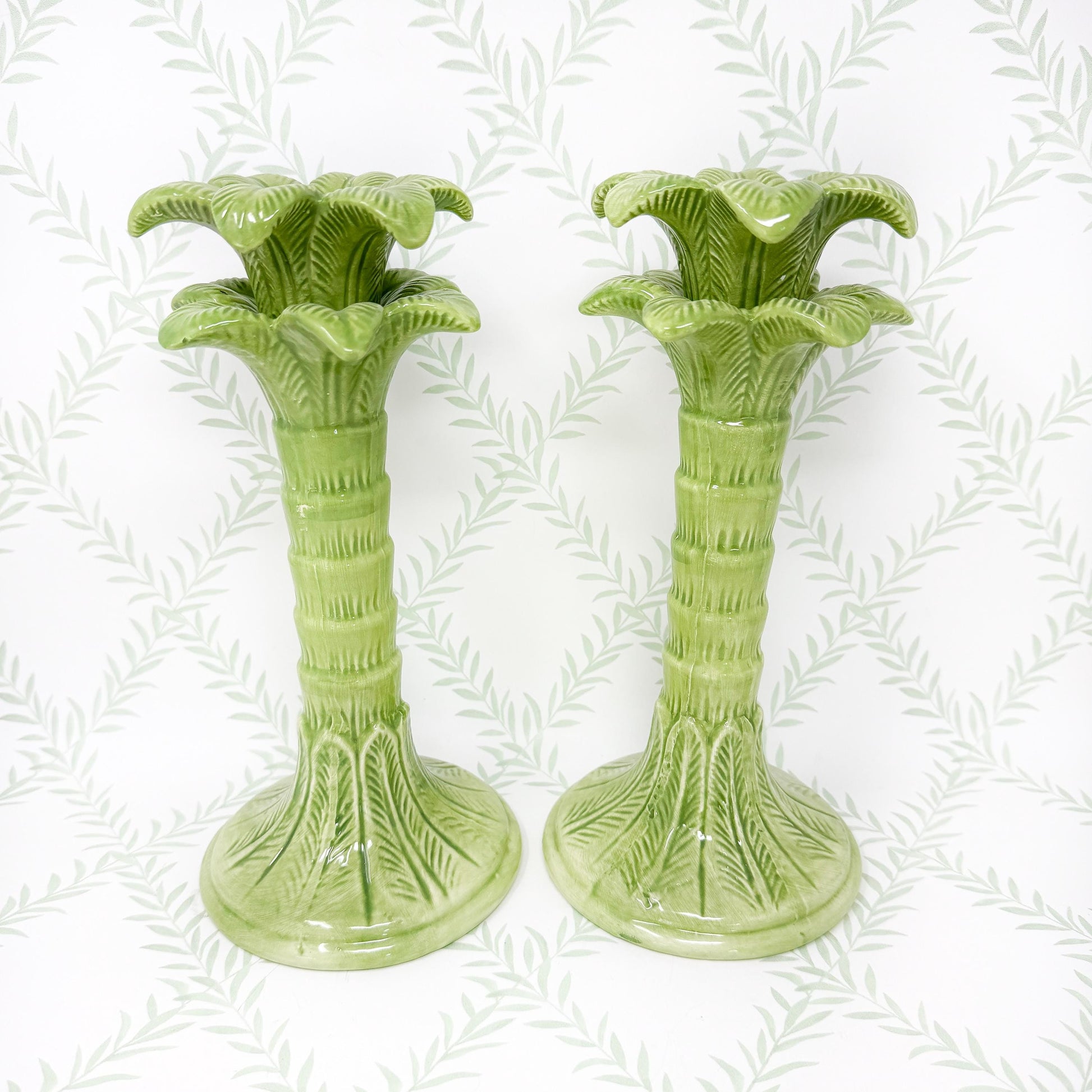 Green Palm Tree Ceramic Candlestick Holders