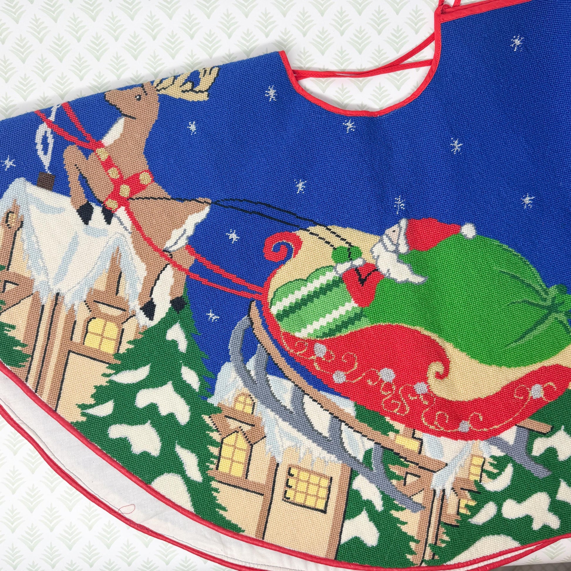 Vintage Hand Stitched Needlepoint Christmas Tree Skirt, Santa and Reindeer