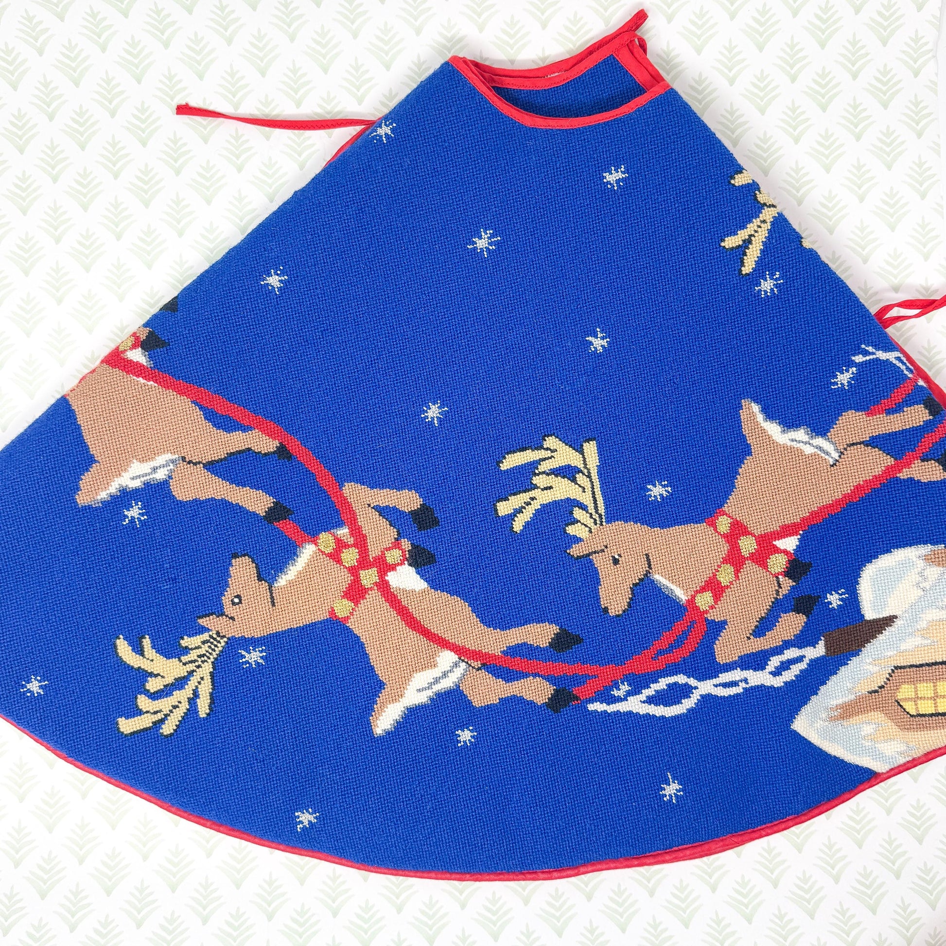Vintage Hand Stitched Needlepoint Christmas Tree Skirt, Santa and Reindeer