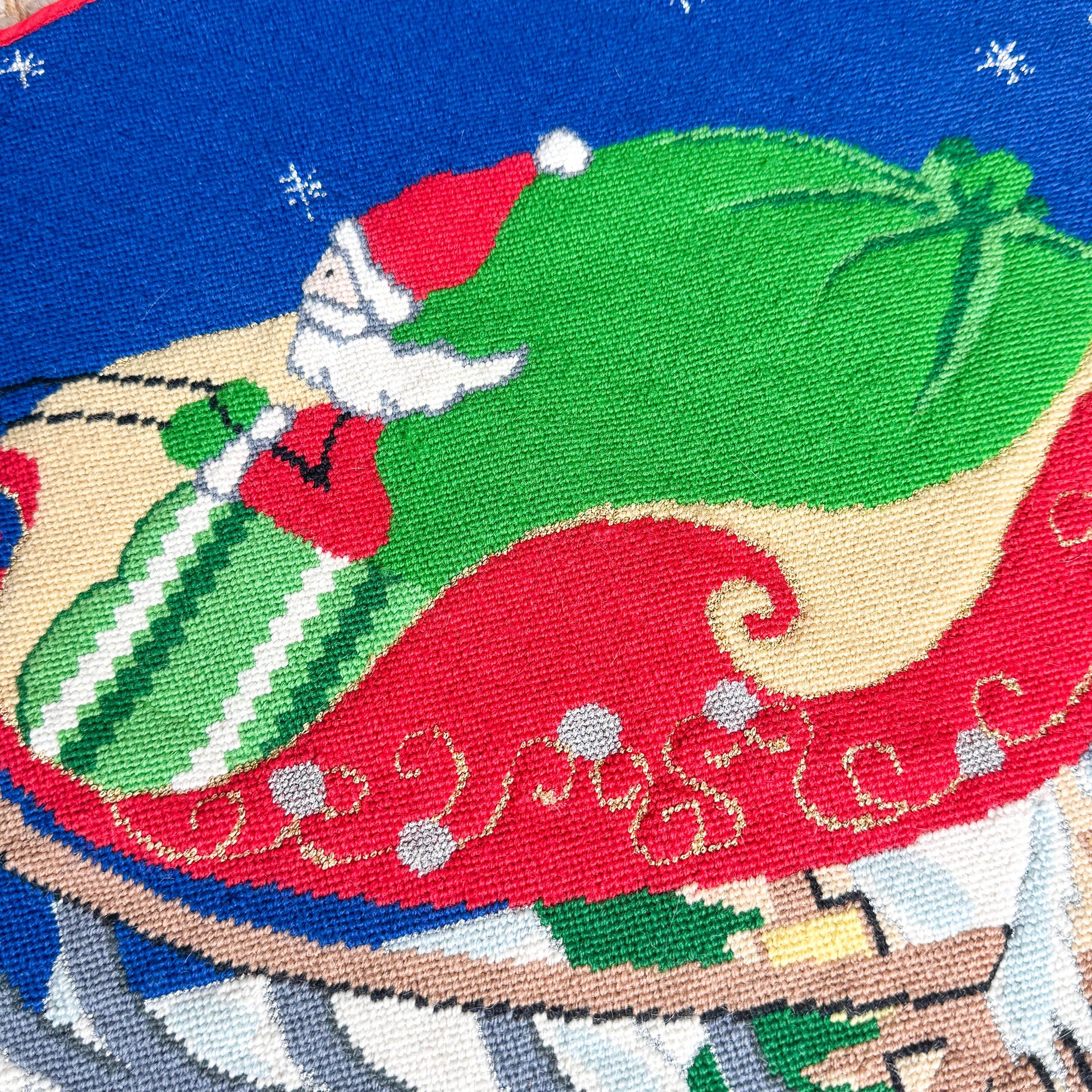 Vintage Hand Stitched Needlepoint Christmas Tree Skirt, Santa and Reindeer