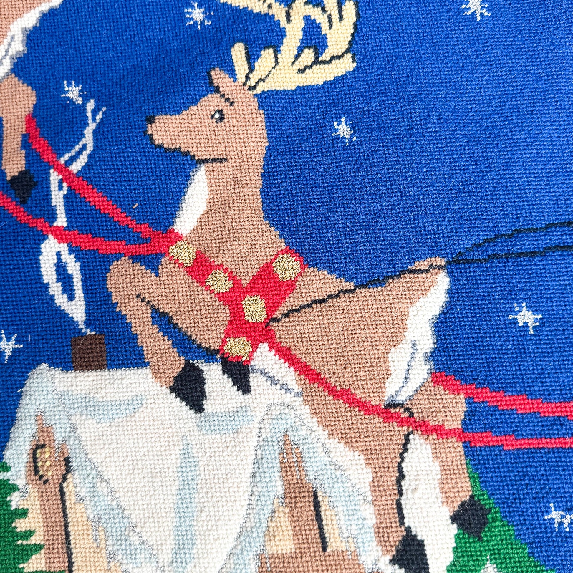 Vintage Hand Stitched Needlepoint Christmas Tree Skirt, Santa and Reindeer