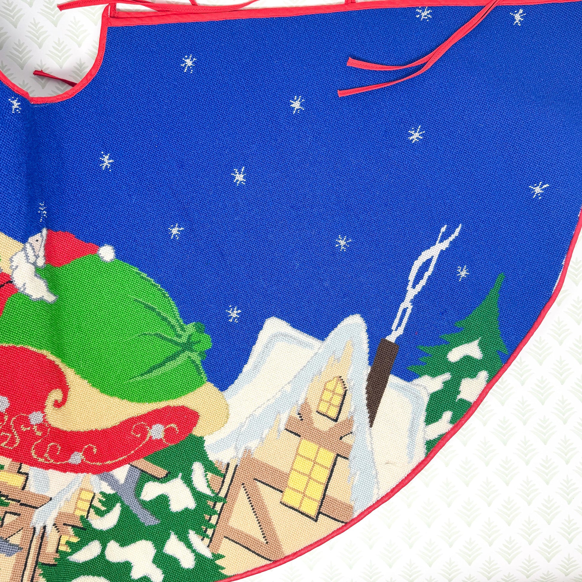Vintage Hand Stitched Needlepoint Christmas Tree Skirt, Santa and Reindeer