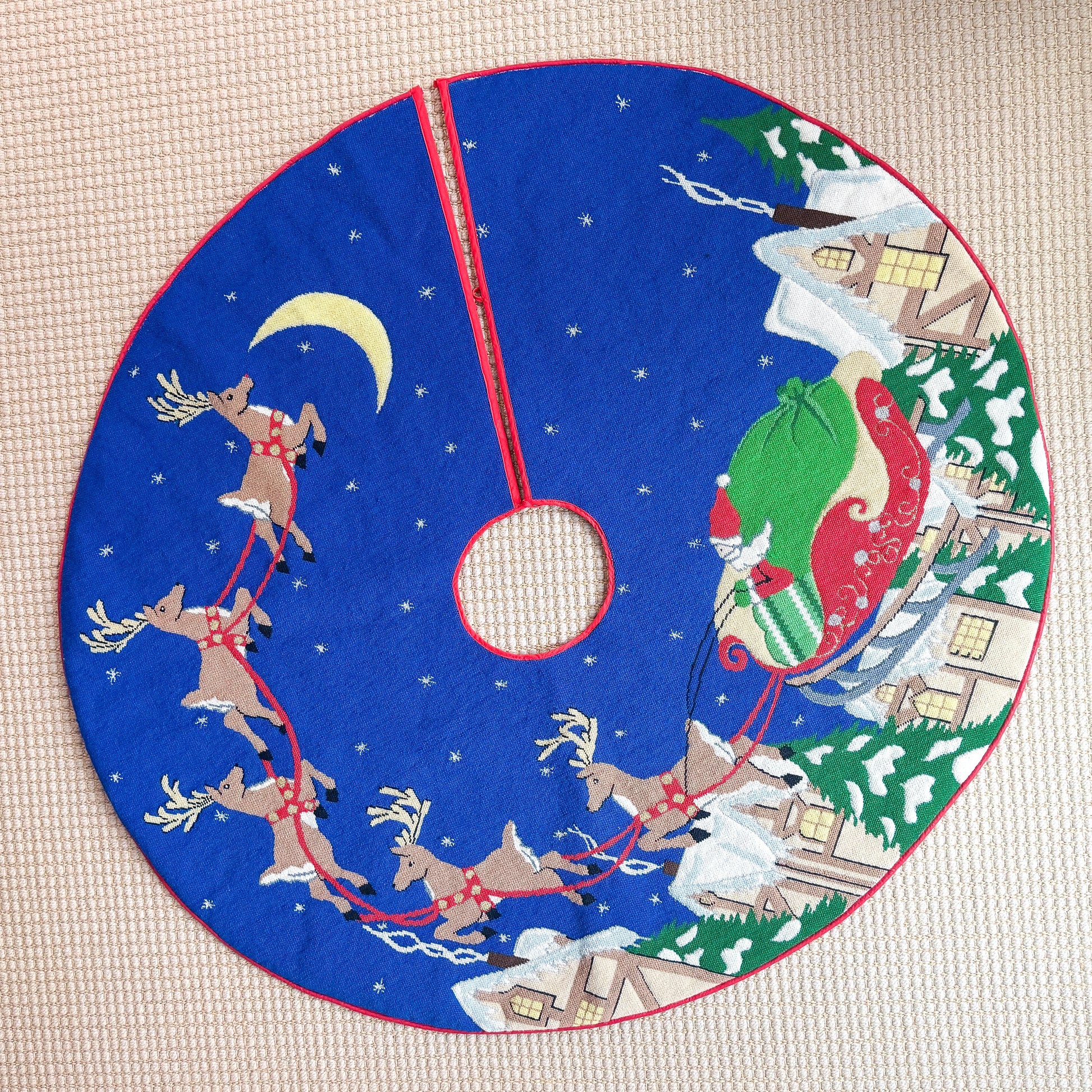 Vintage Hand Stitched Needlepoint Christmas Tree Skirt, Santa and Reindeer