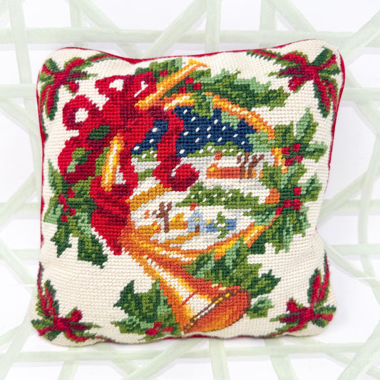 Vintage Christmas Needlepoint Pillow, Horn and Bows, 10"
