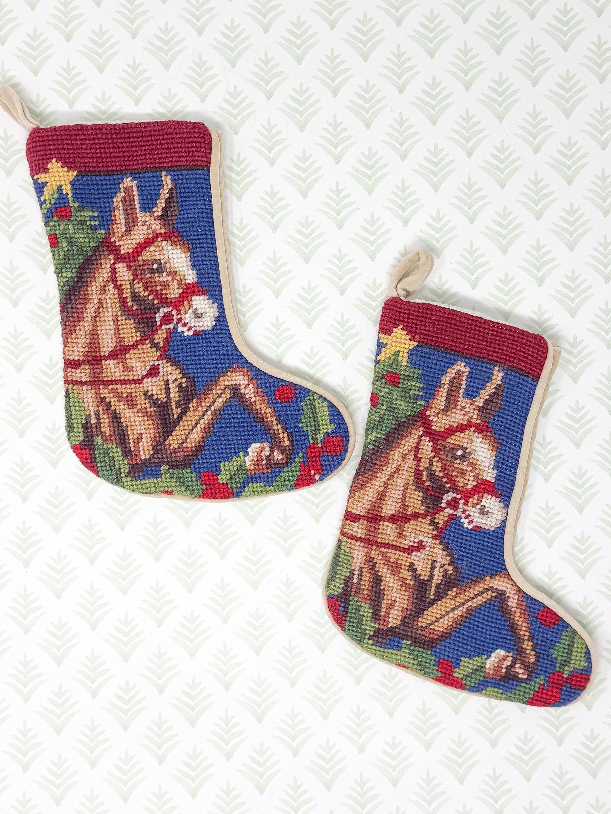 Vintage Mini Needlepoint Christmas Stocking, Horse