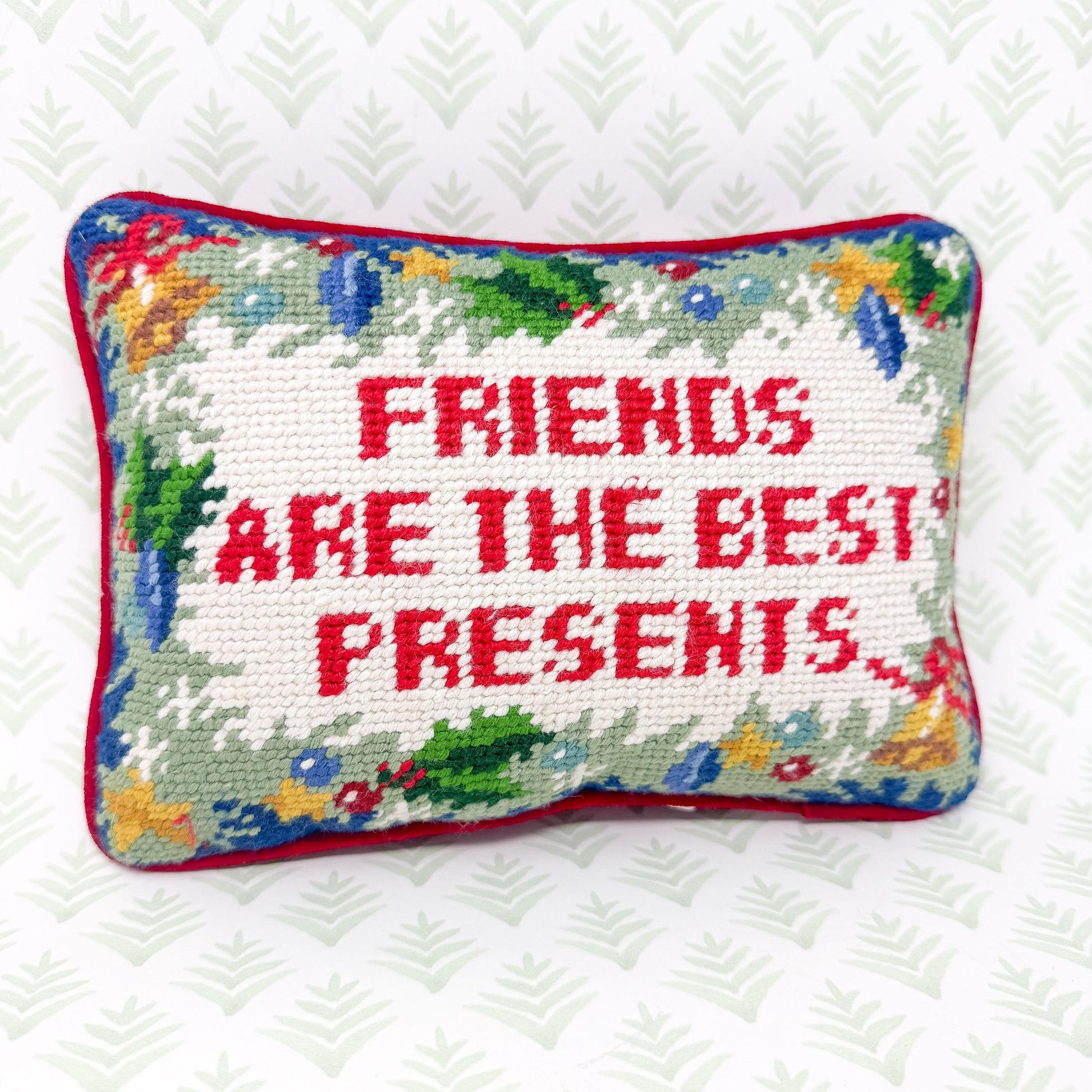 Vintage Christmas Needlepoint Pillow, Friends Are The Best Presents