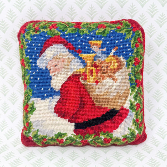 Vintage Christmas Needlepoint Pillow, Santa and Toy Bag