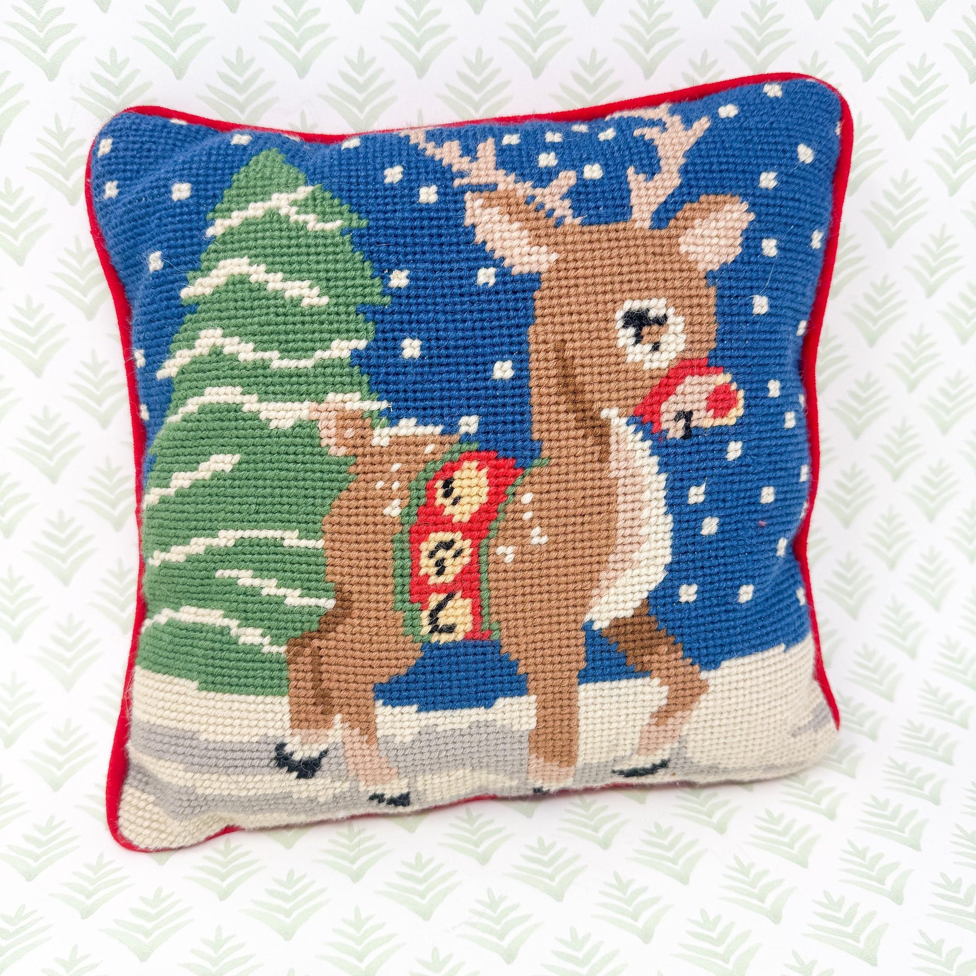 Vintage Christmas Needlepoint Pillow, Rudolph The Reindeer