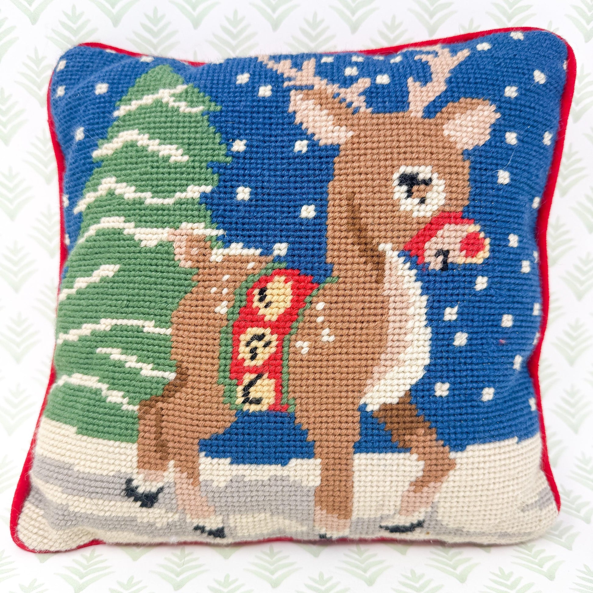 Vintage Christmas Needlepoint Pillow, Rudolph The Reindeer