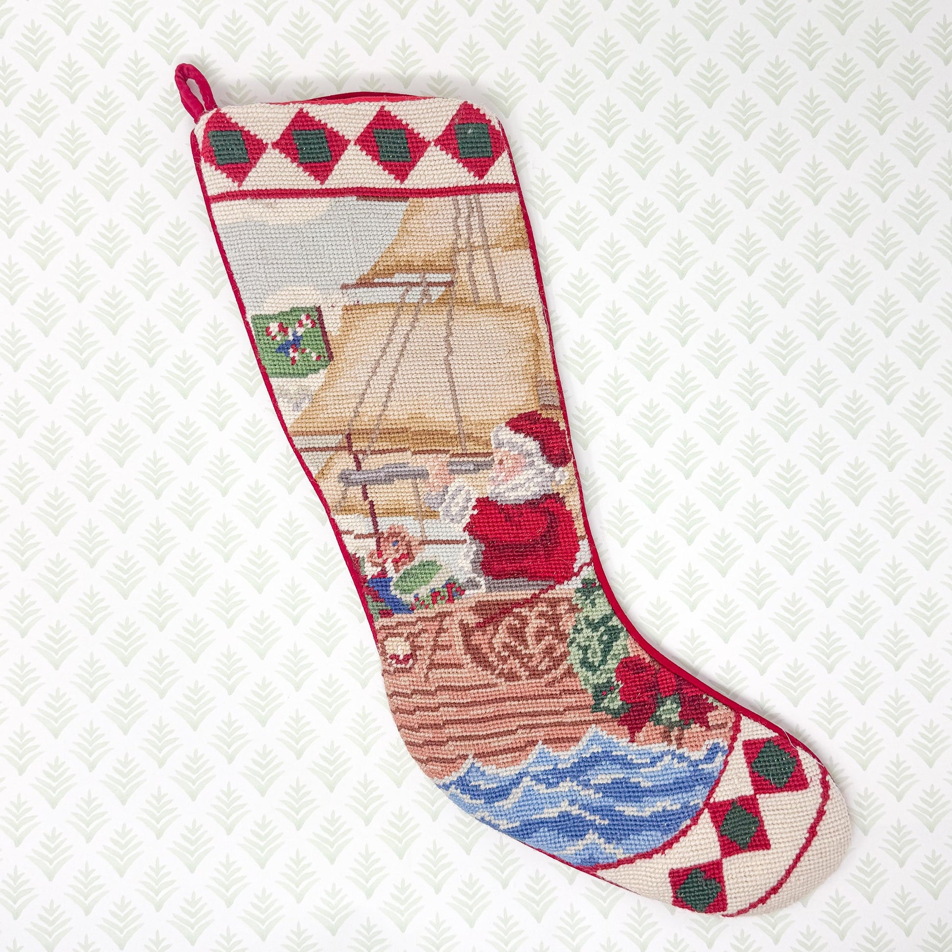 Vintage Christmas Needlepoint Stocking, Santa Sailing