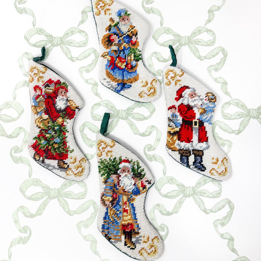 Vintage Mini Needlepoint Christmas Stockings, Santa Claus, Set of 4