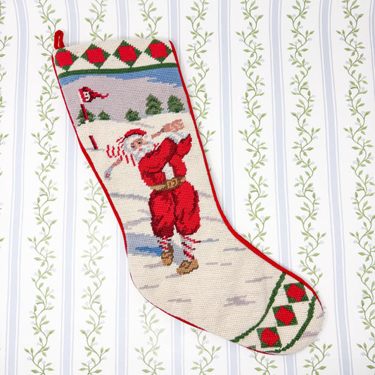 Vintage Needlepoint Santa Golf Christmas Stocking