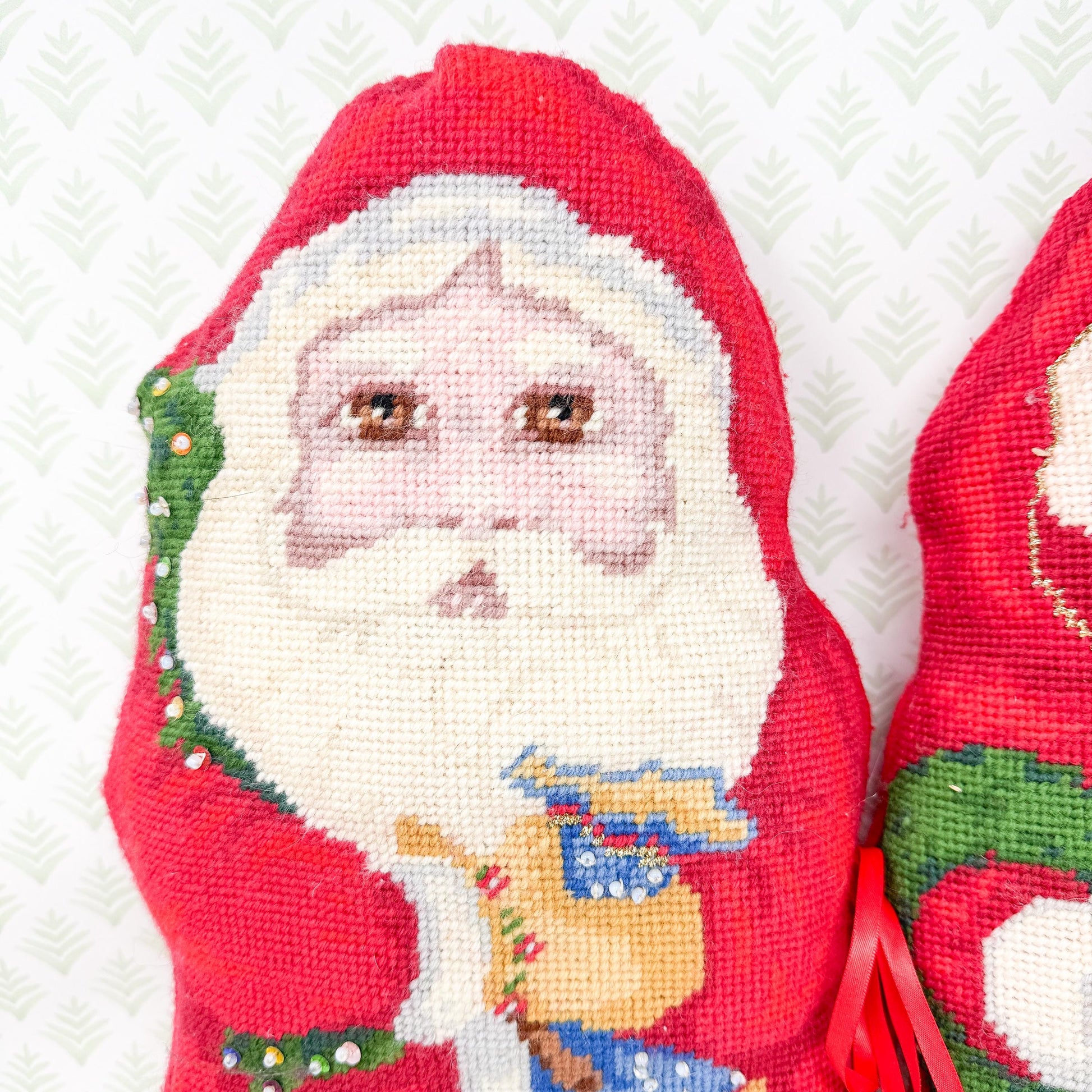 Vintage Handmade Mr. and Mrs. Claus Needlepoint Pillows