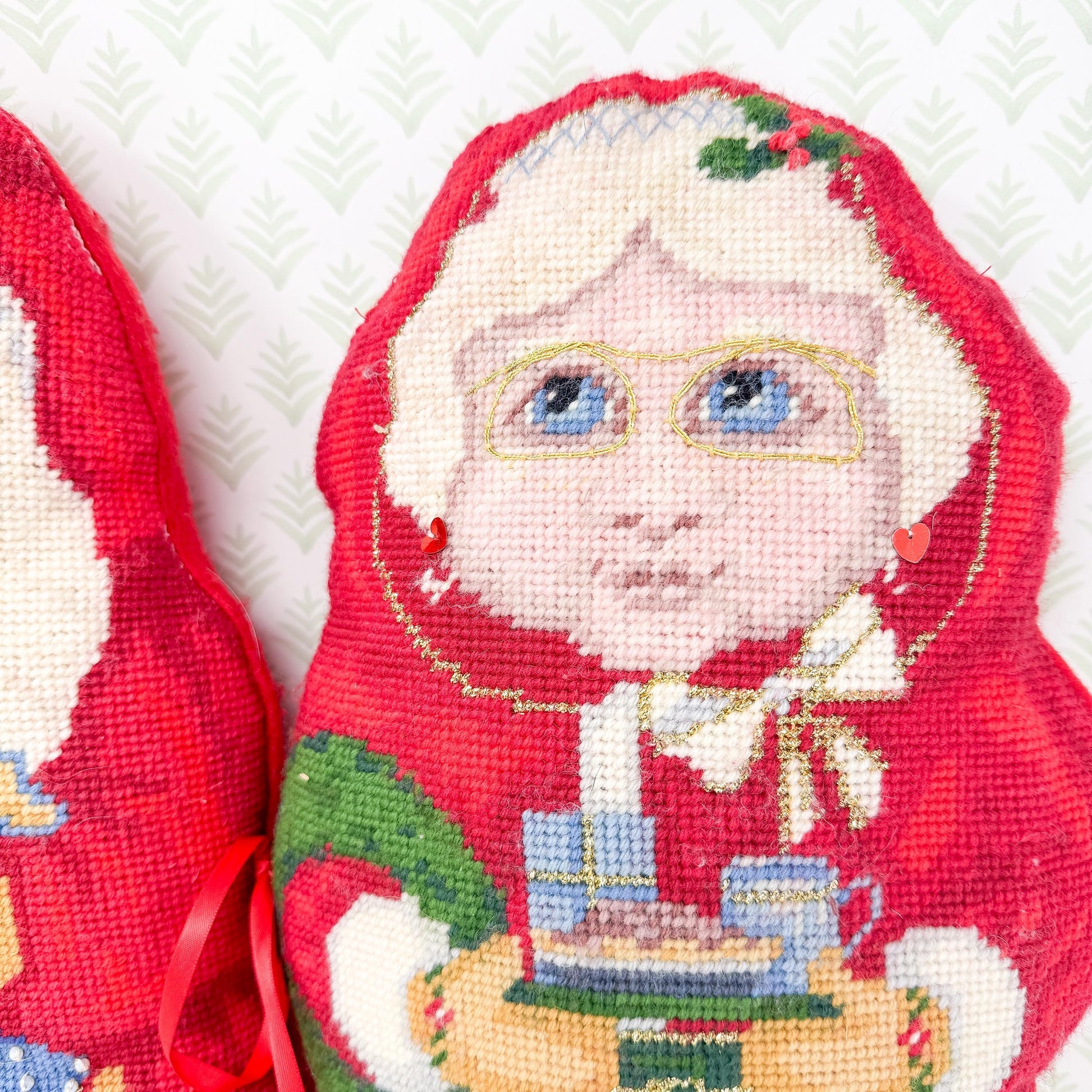 Vintage Handmade Mr. and Mrs. Claus Needlepoint Pillows
