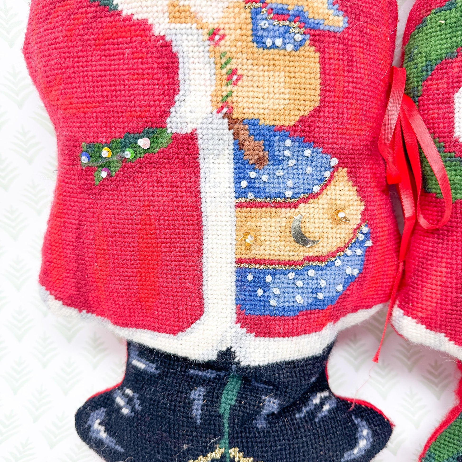 Vintage Handmade Mr. and Mrs. Claus Needlepoint Pillows