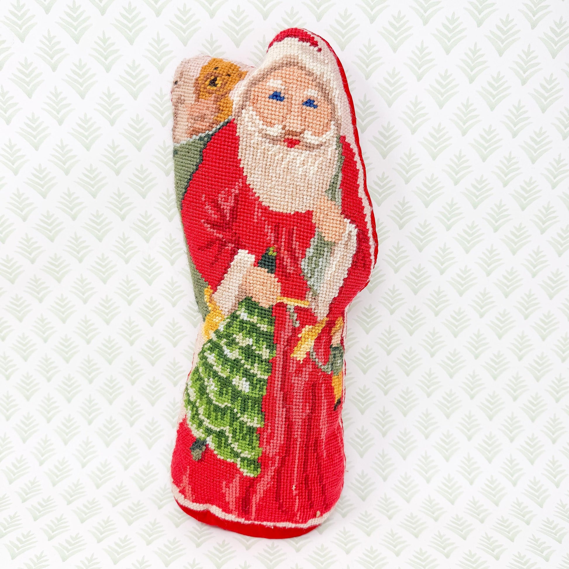 Vintage Christmas Needlepoint Standing Pillow, Santa Claus