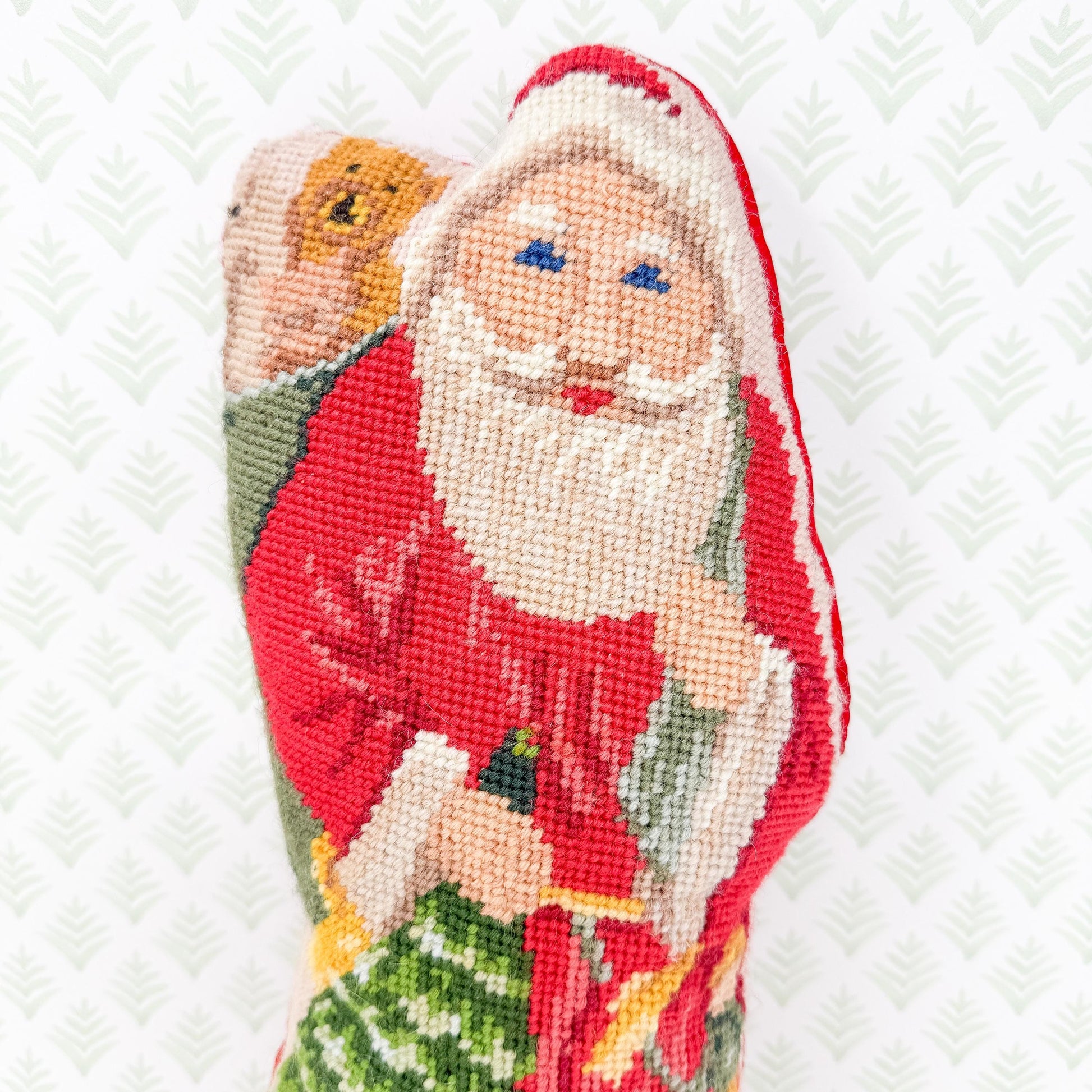 Vintage Christmas Needlepoint Standing Pillow, Santa Claus