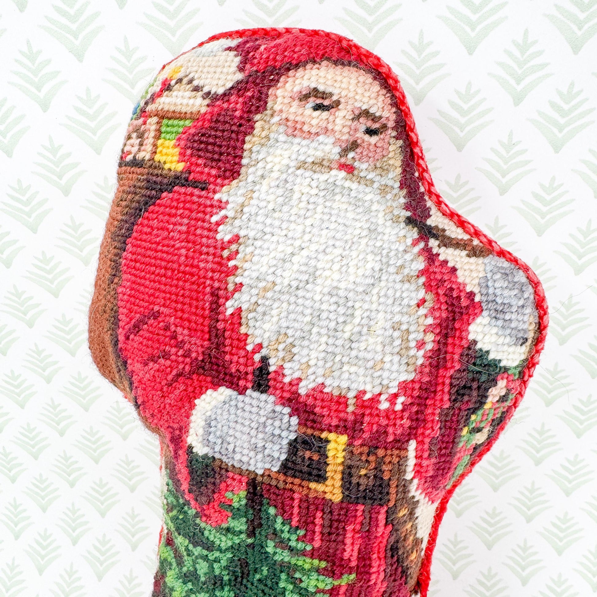 Vintage Christmas Needlepoint Standing Pillow, Santa Claus