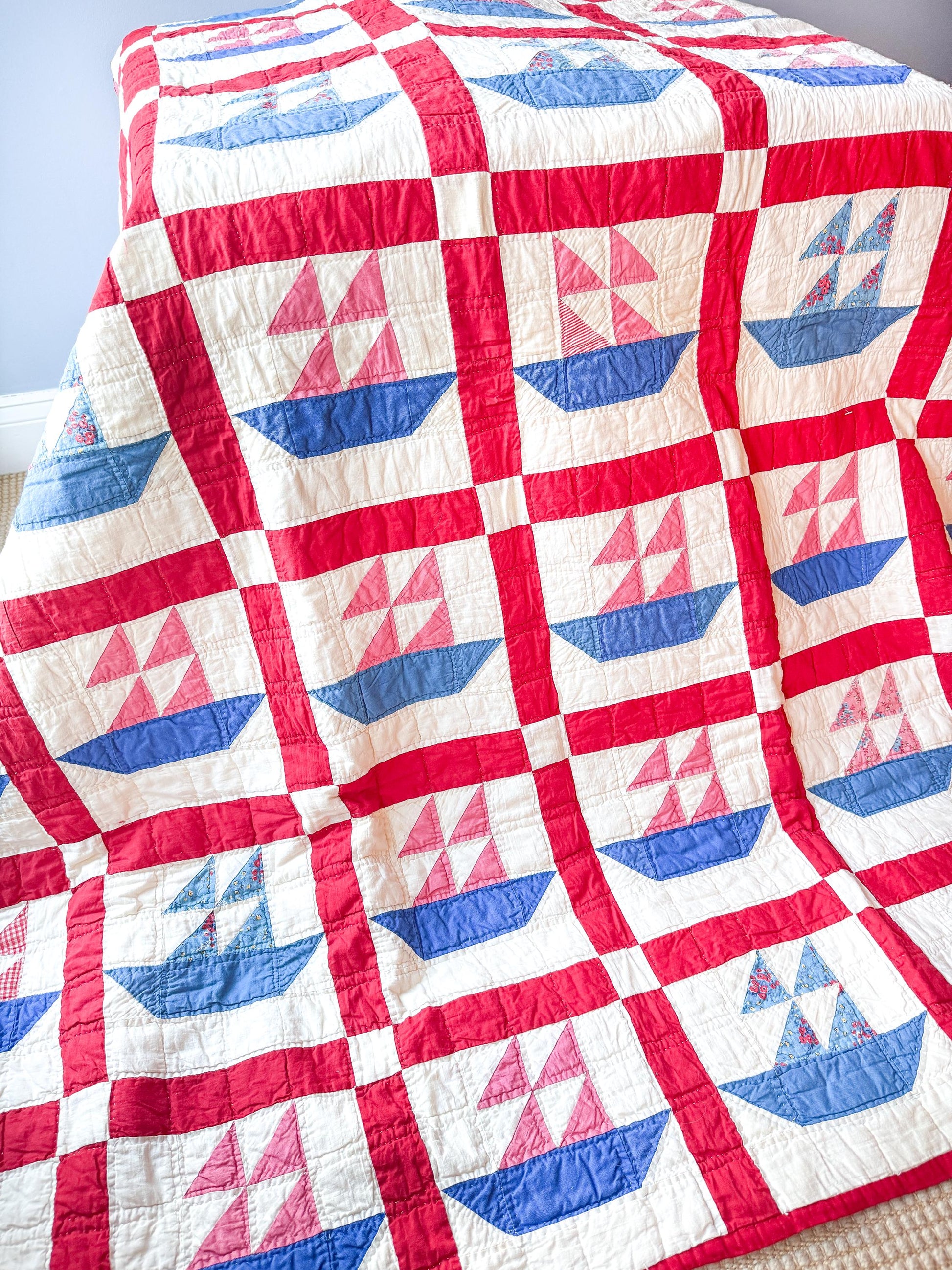 Antique Handmade Sailboat Quilt, Red and Blue, c. 1930