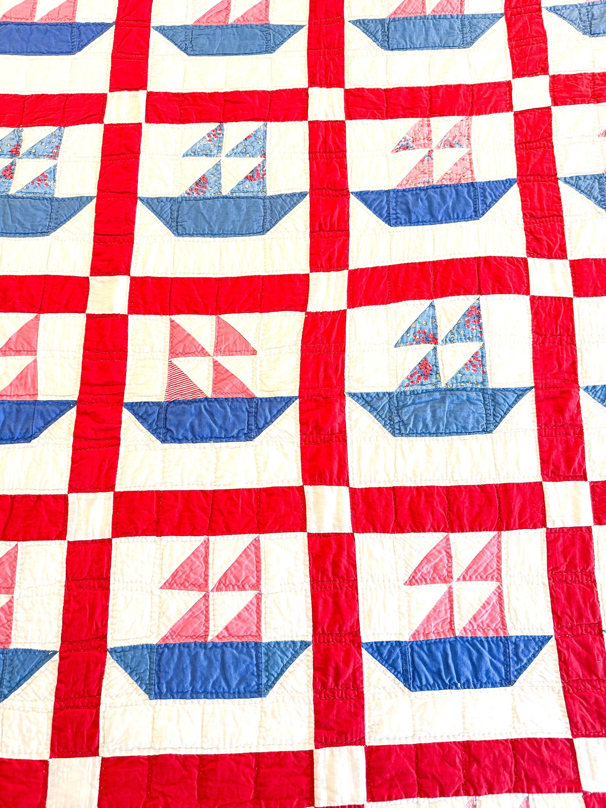 Antique Handmade Sailboat Quilt, Red and Blue, c. 1930