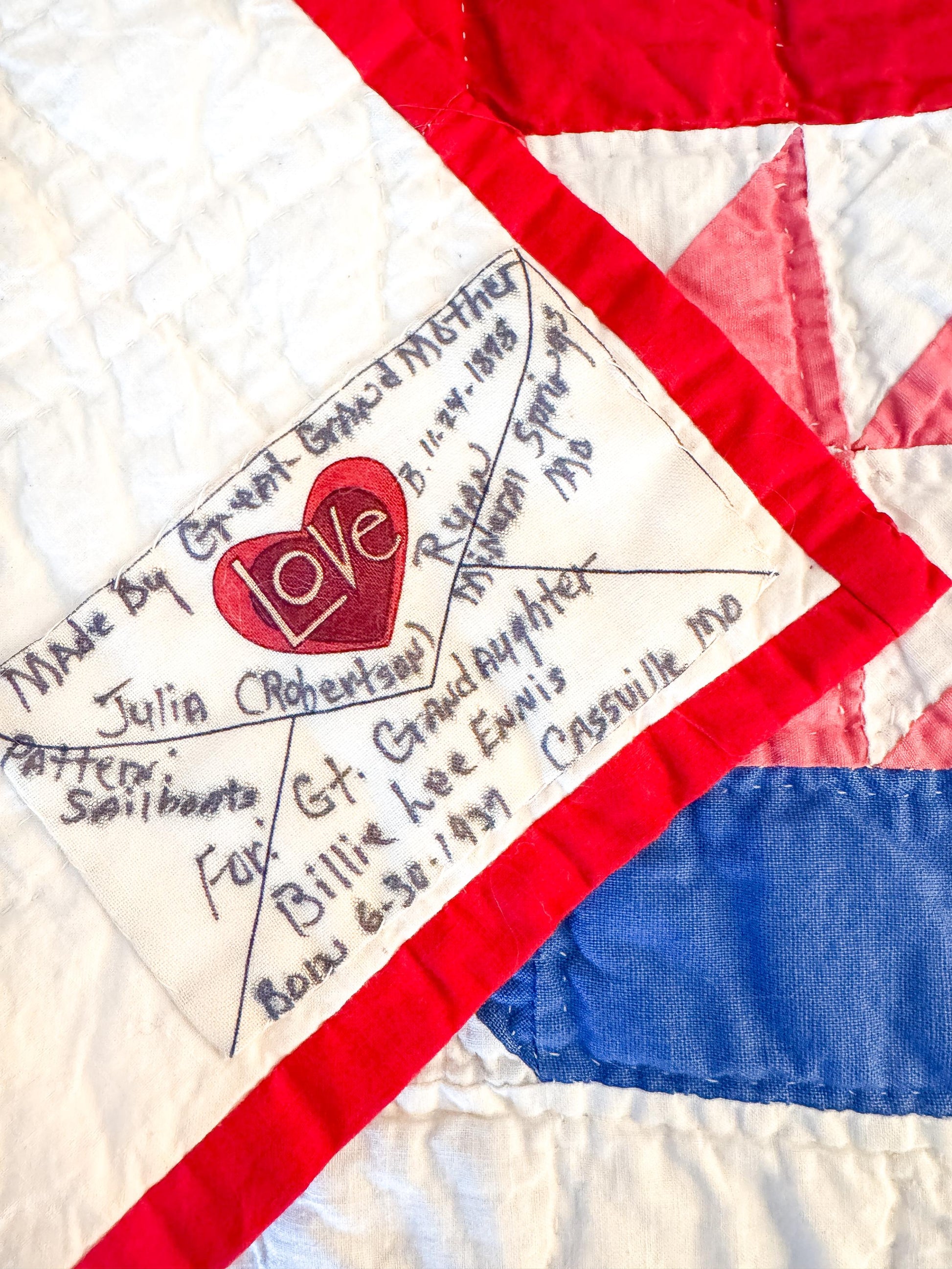 Antique Handmade Sailboat Quilt, Red and Blue, c. 1930