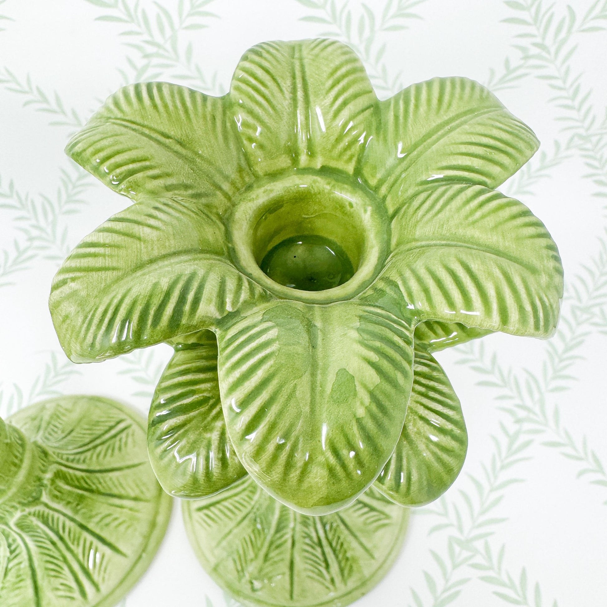 Green Palm Tree Ceramic Candlestick Holders