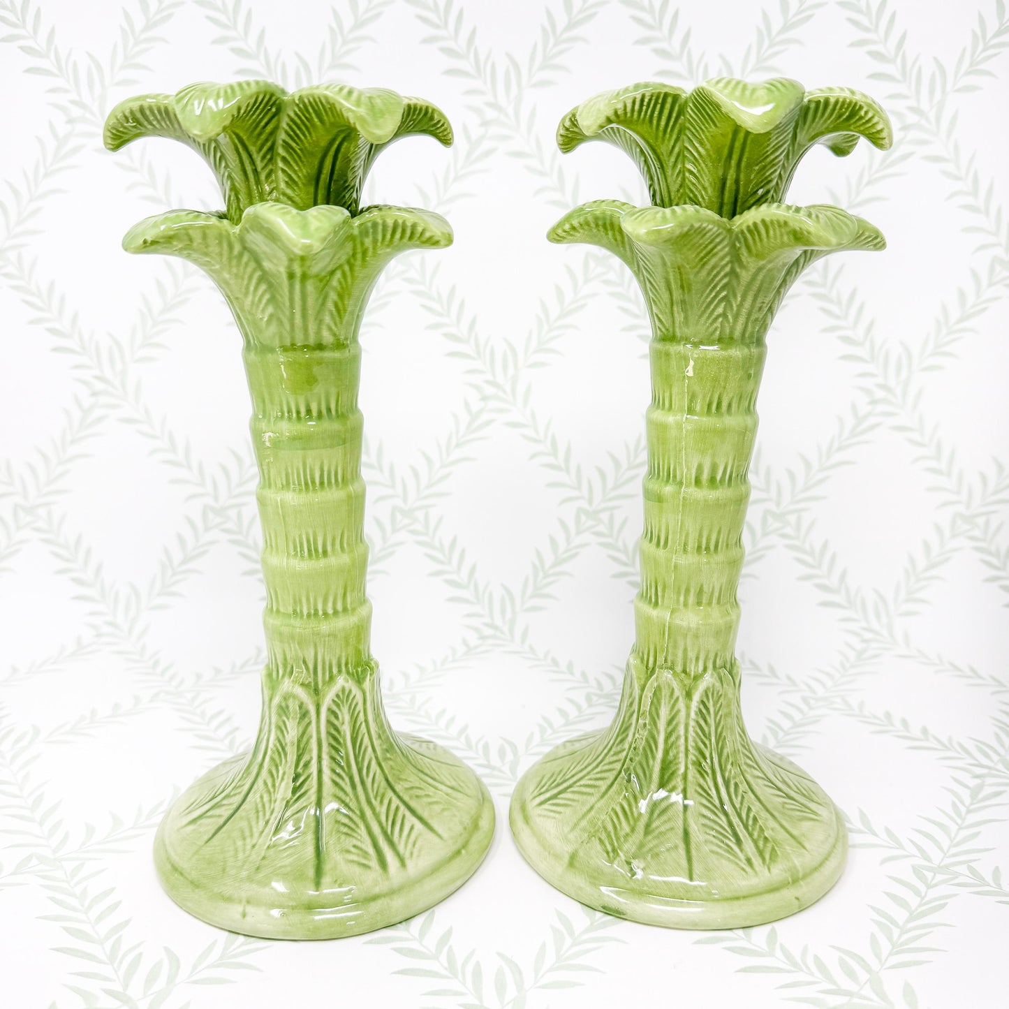 Green Palm Tree Ceramic Candlestick Holders