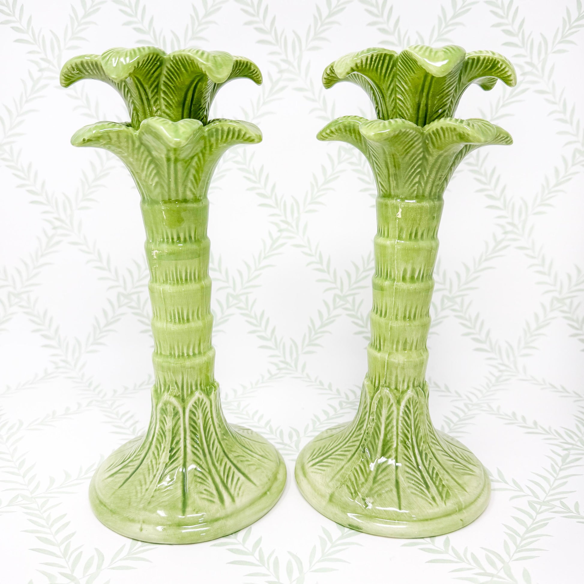 Green Palm Tree Ceramic Candlestick Holders