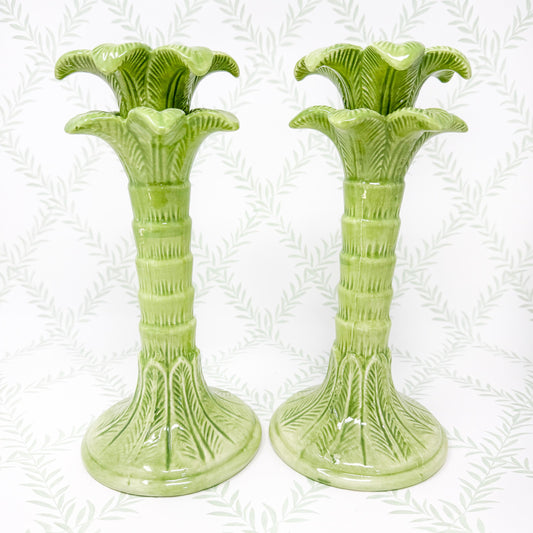 Green Palm Tree Ceramic Candlestick Holders