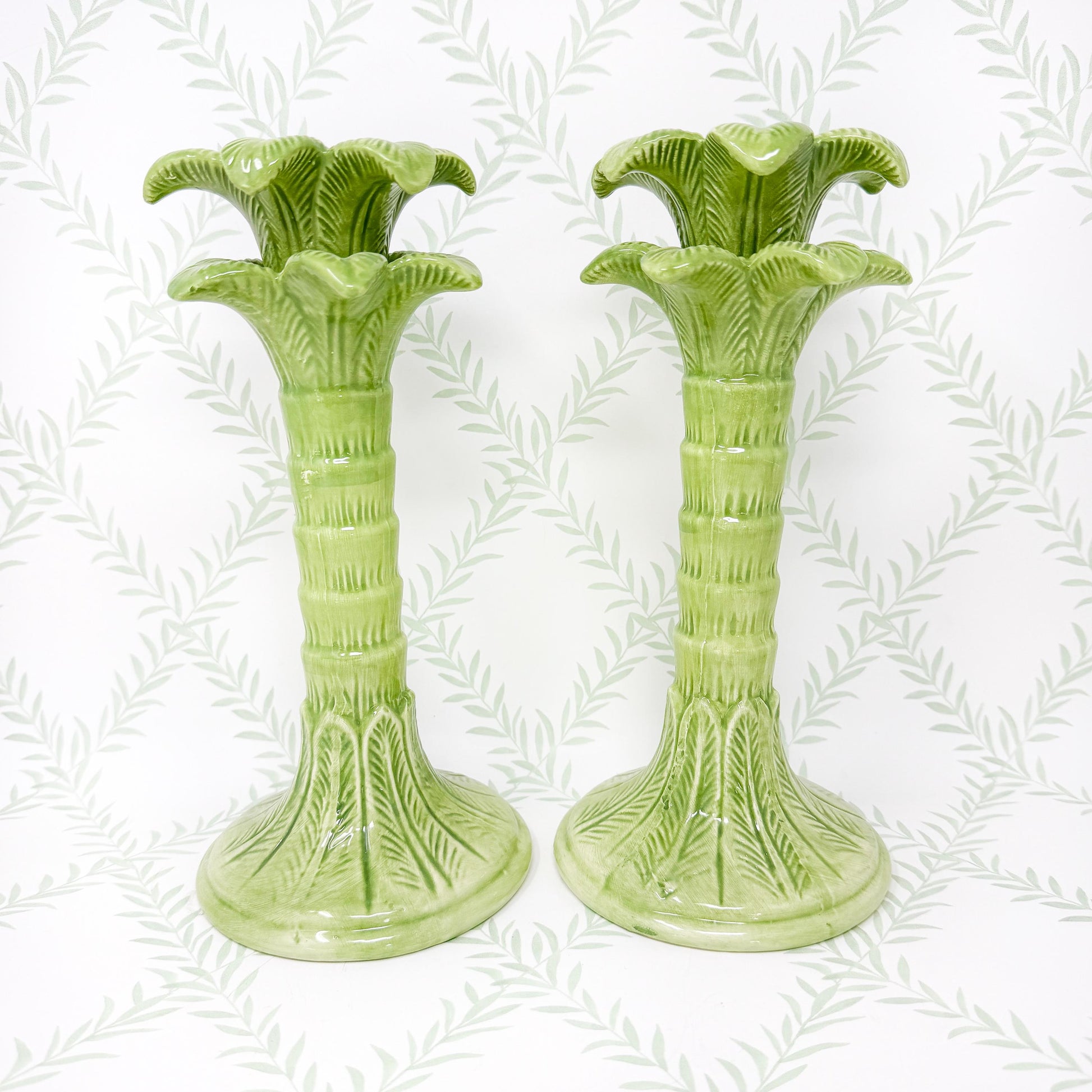 Green Palm Tree Ceramic Candlestick Holders