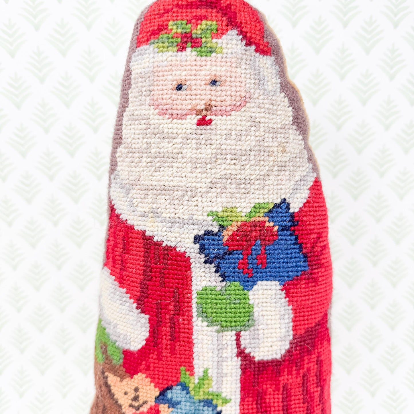 Vintage Christmas Needlepoint Pillow, Santa Claus Standing