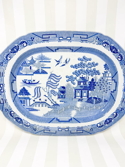 Antique Blue Willow Transferware Serving Platter, 21"