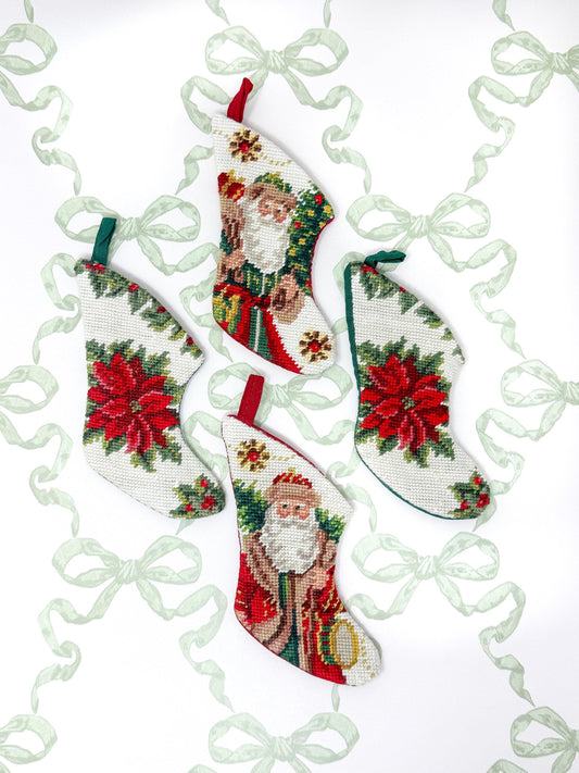 Vintage Mini Needlepoint Christmas Stockings, Poinsettia and Santa, Set of 4