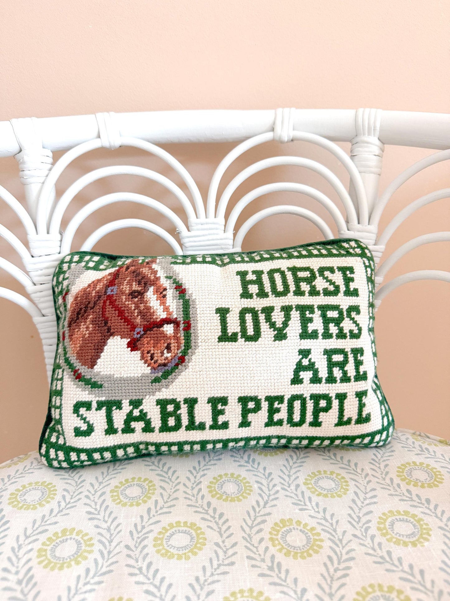 Vintage Needlepoint Pillow, Horse Lovers Are Stable People
