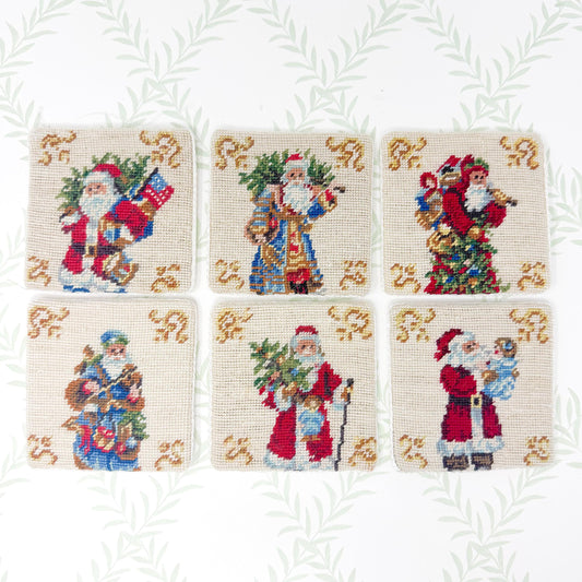 Vintage Needlepoint Christmas Coasters, Santa Claus, Set of 6