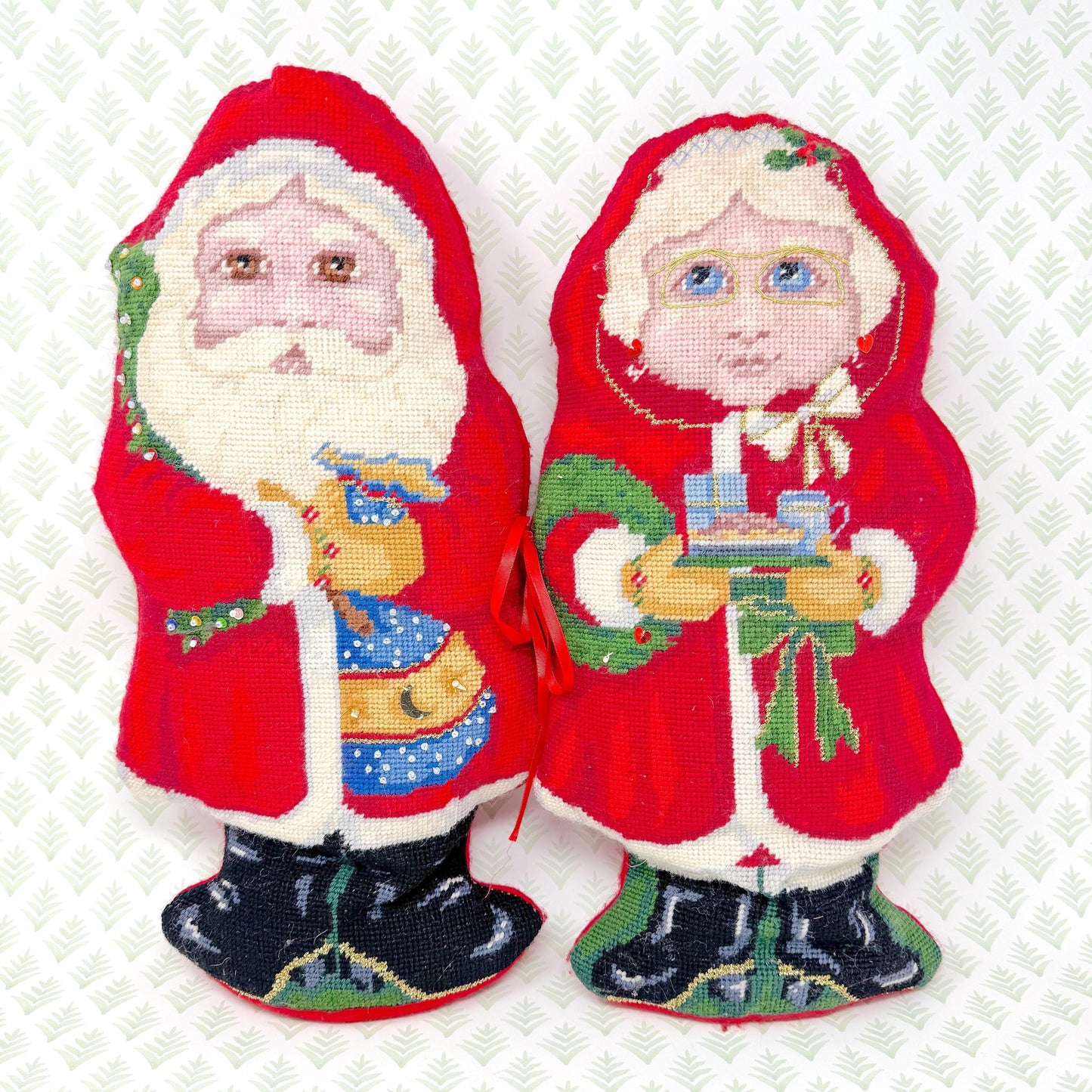 Vintage Handmade Mr. and Mrs. Claus Needlepoint Pillows