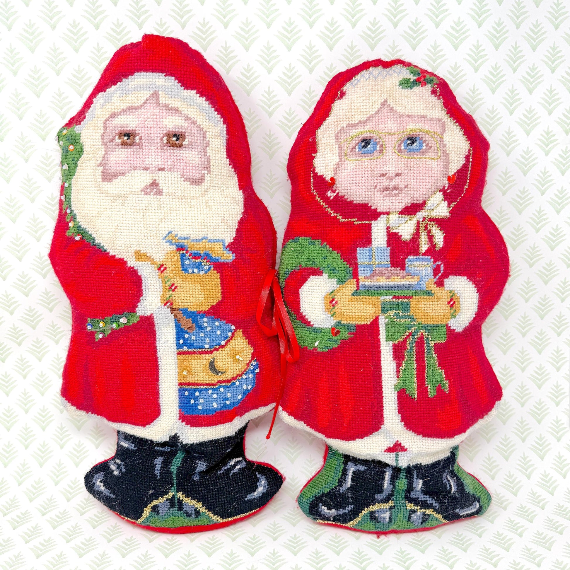 Vintage Handmade Mr. and Mrs. Claus Needlepoint Pillows