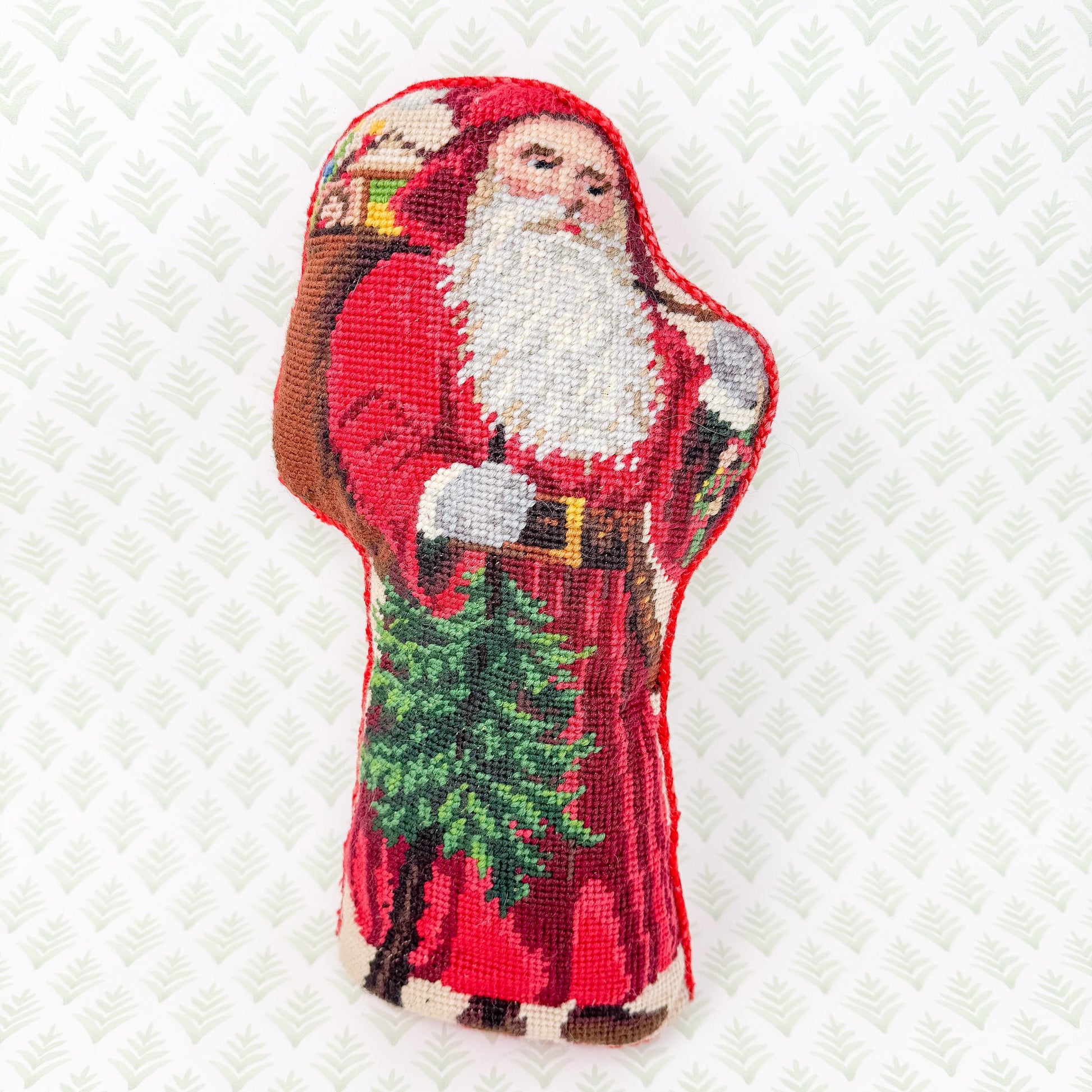 Vintage Christmas Needlepoint Standing Pillow, Santa Claus