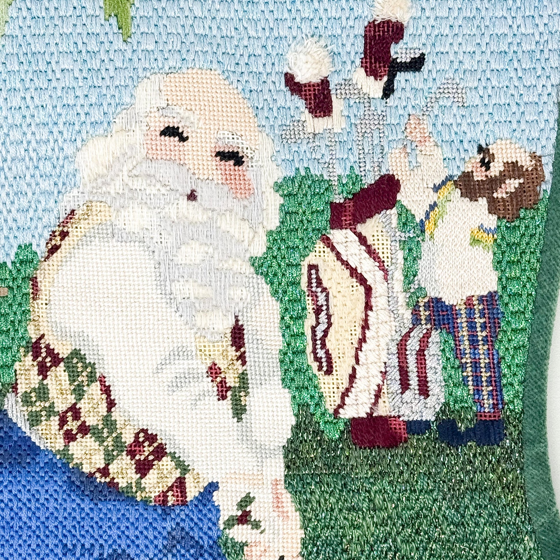 Vintage Hand Stitched Needlepoint Christmas Stocking, Santa Golfing