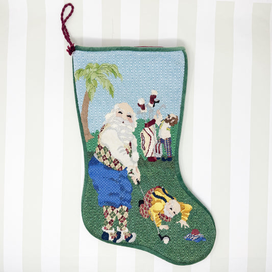 Vintage Hand Stitched Needlepoint Christmas Stocking, Santa Golfing
