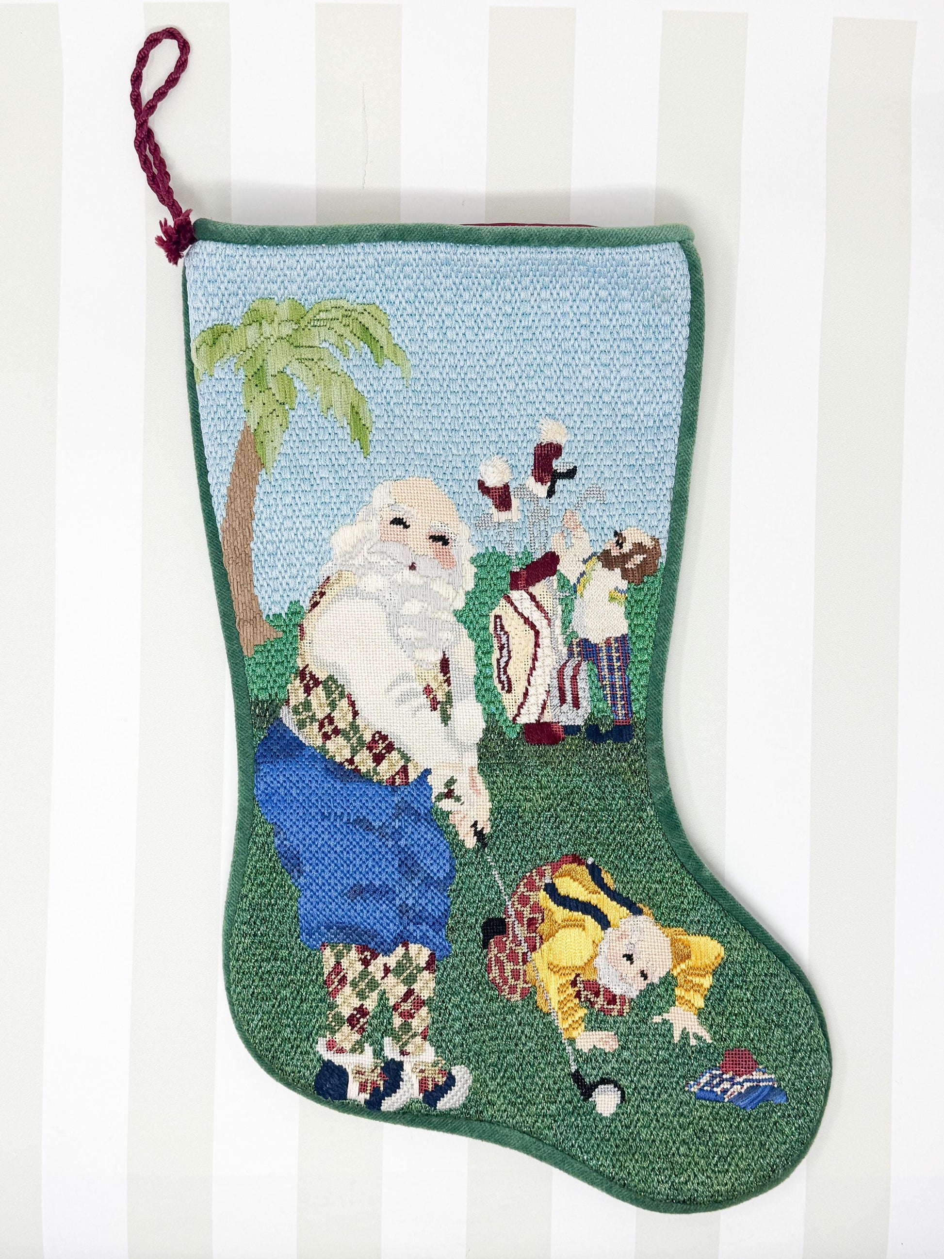 Vintage Hand Stitched Needlepoint Christmas Stocking, Santa Golfing