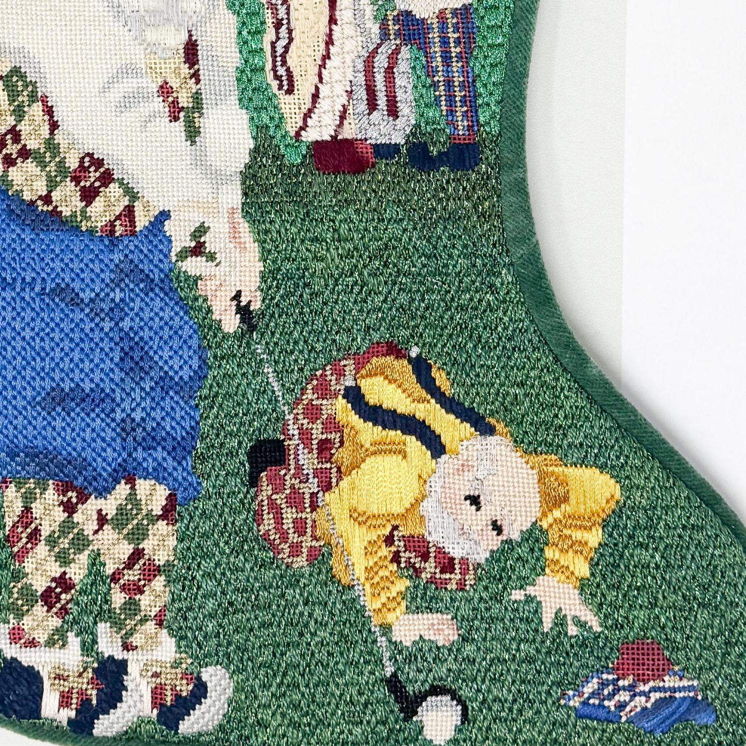 Vintage Hand Stitched Needlepoint Christmas Stocking, Santa Golfing