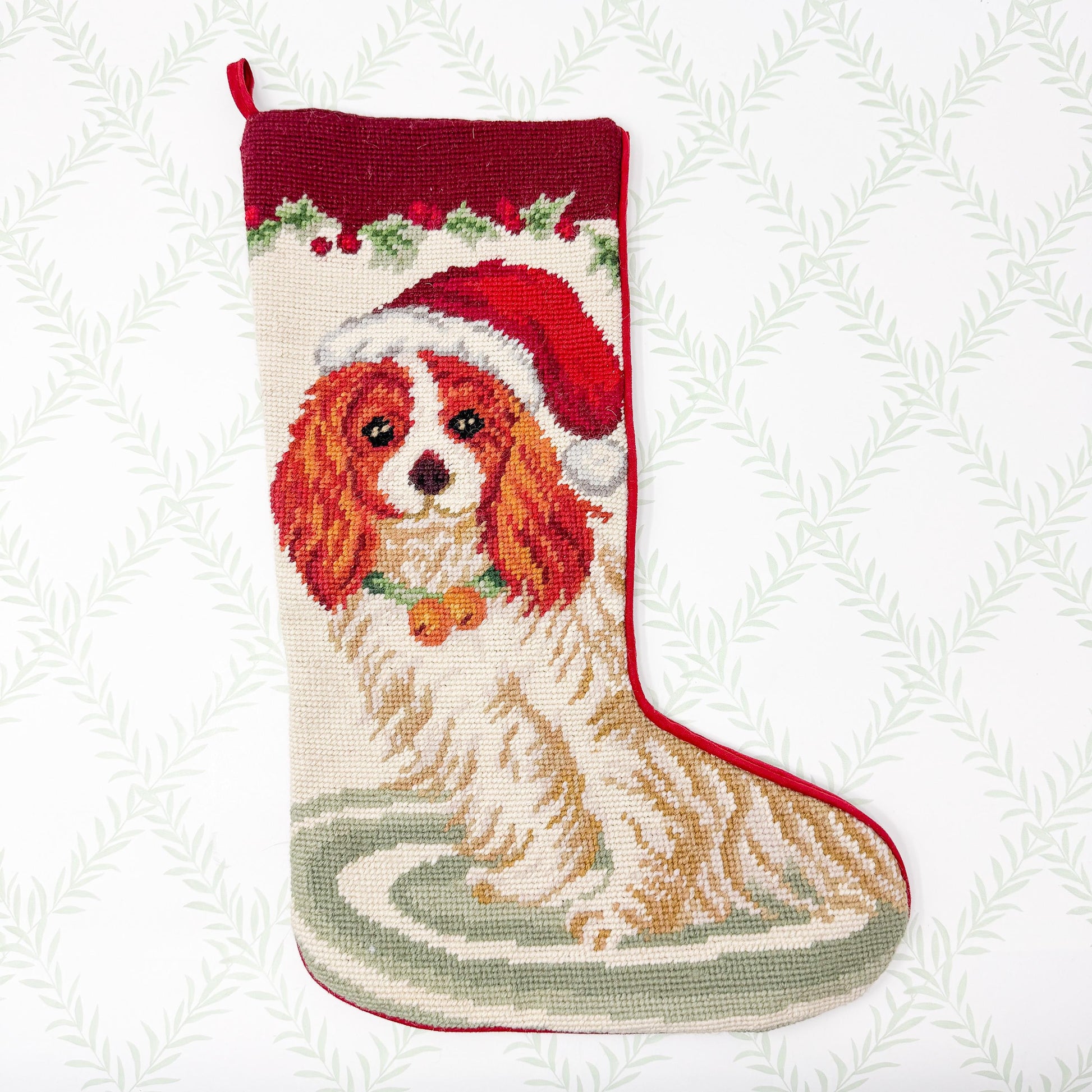 Vintage Needlepoint Dog Christmas Stocking, King Charles Cavalier Spaniel