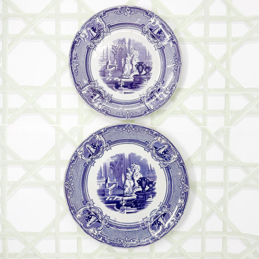 Antique Purple Transferware Plates, PW & Co, Minerva Pattern, c. 1830