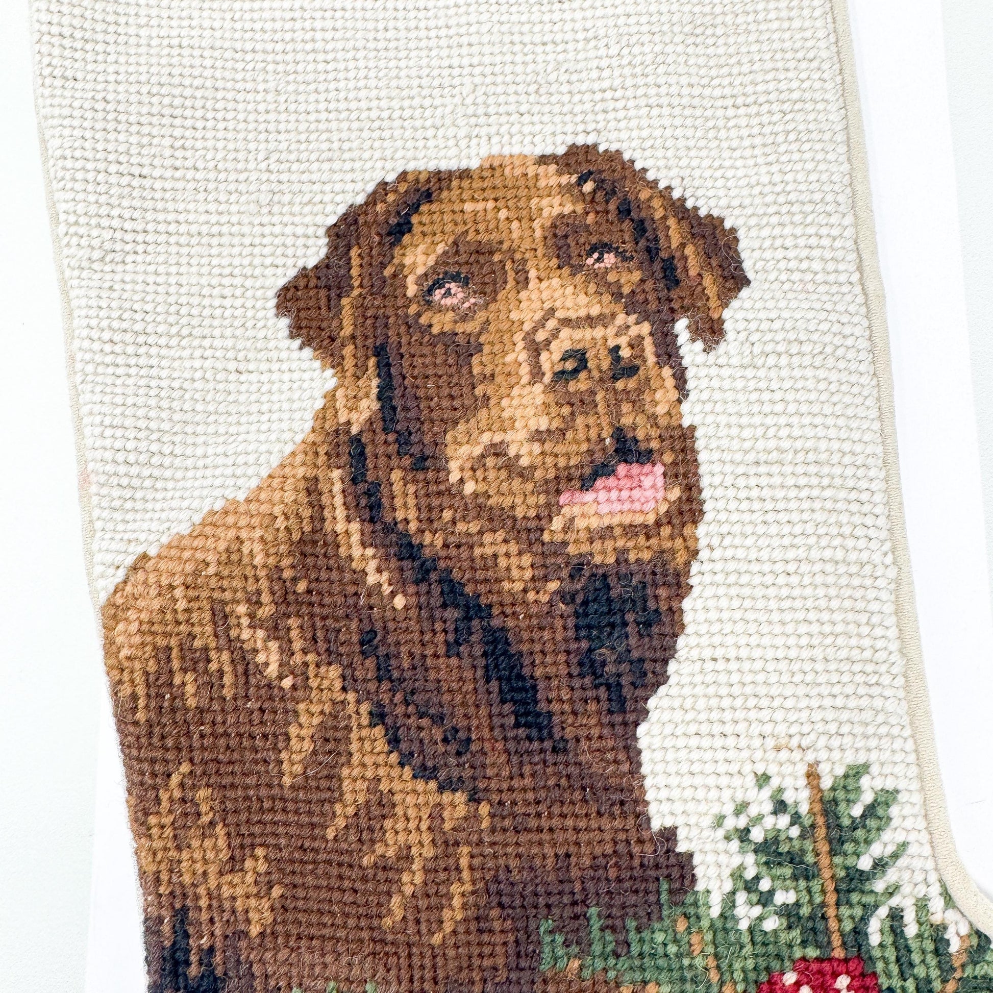 Vintage Needlepoint Dog Christmas Stocking, Chocolate Labrador Retriever