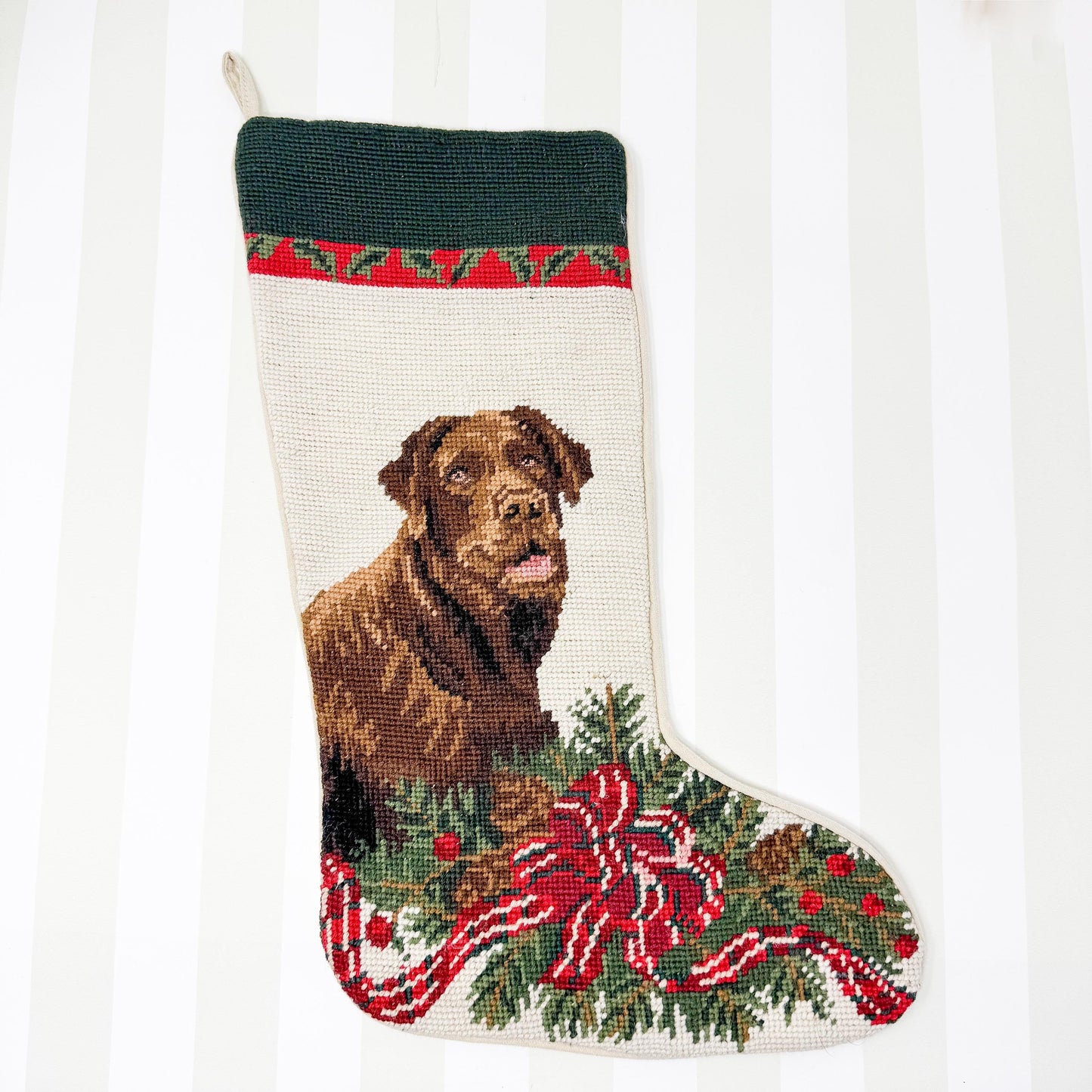 Vintage Needlepoint Dog Christmas Stocking, Chocolate Labrador Retriever